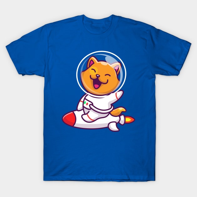 Cute Cat Astronaut Riding Rocket Cartoon T-Shirt by Catalyst Labs